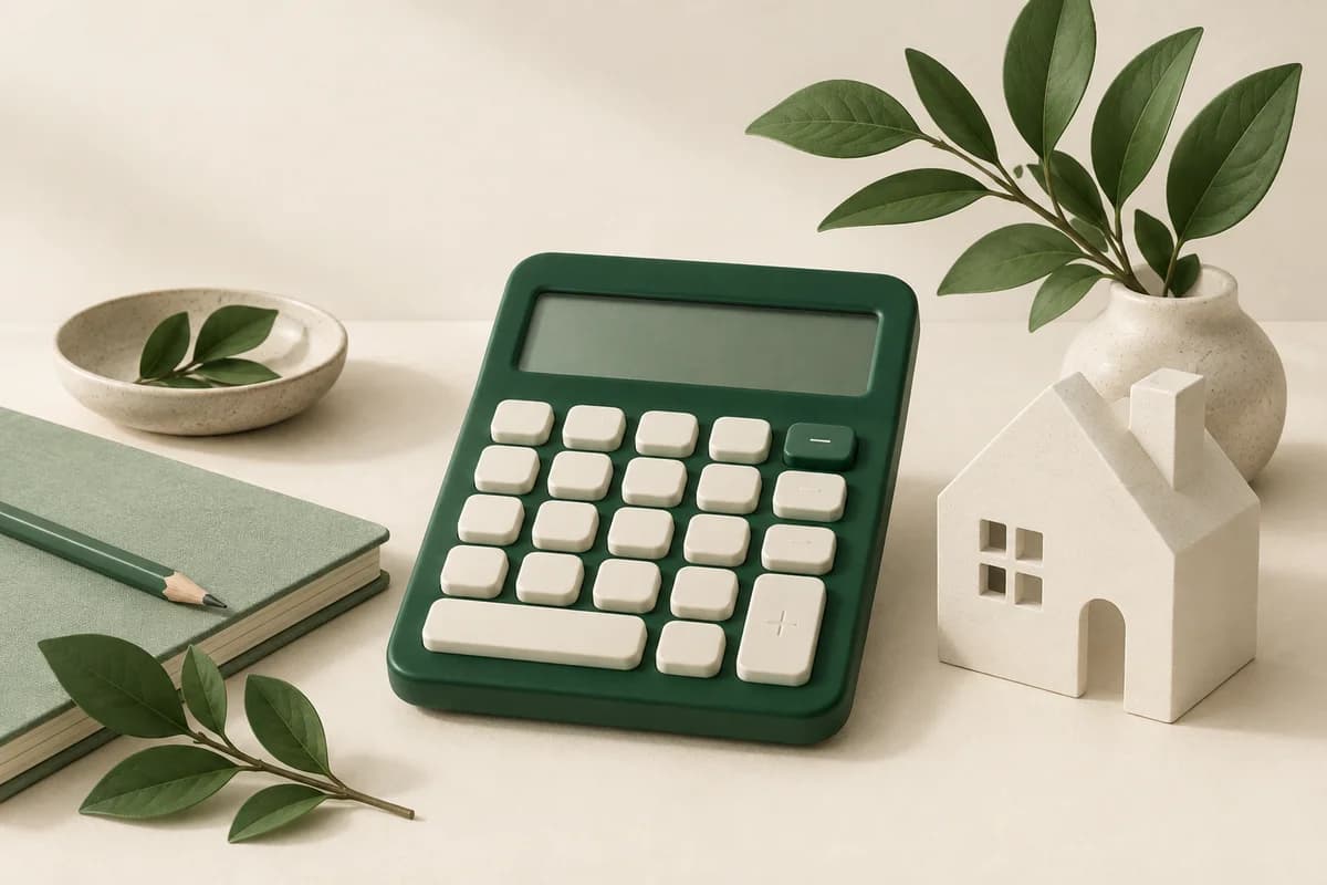 A green calculator, a small model home, and a notebook arranged for everyday planning